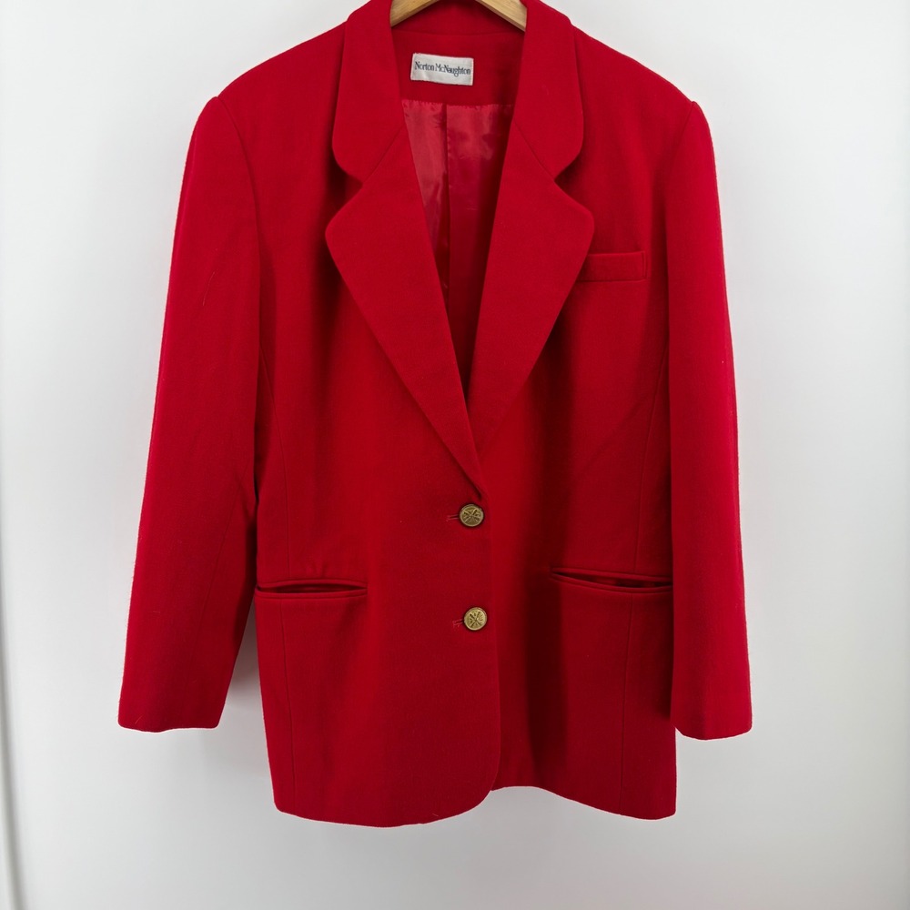 Norton McNaughton Sz LRed WOOL Blazer Women's Single Button Gold Trim Detail‎